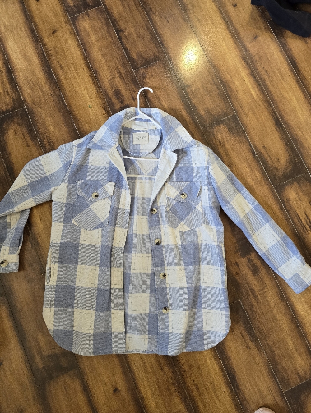 Womens Light Blue & White Plaid Button-Front Shirt Jacket